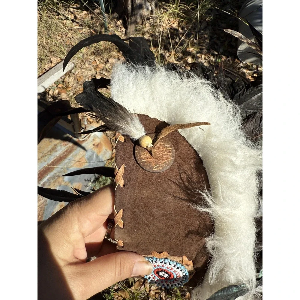 Novum Crafts Indian Headdress Hat One‎ Size Black Feather Brown Suede Beaded Fur